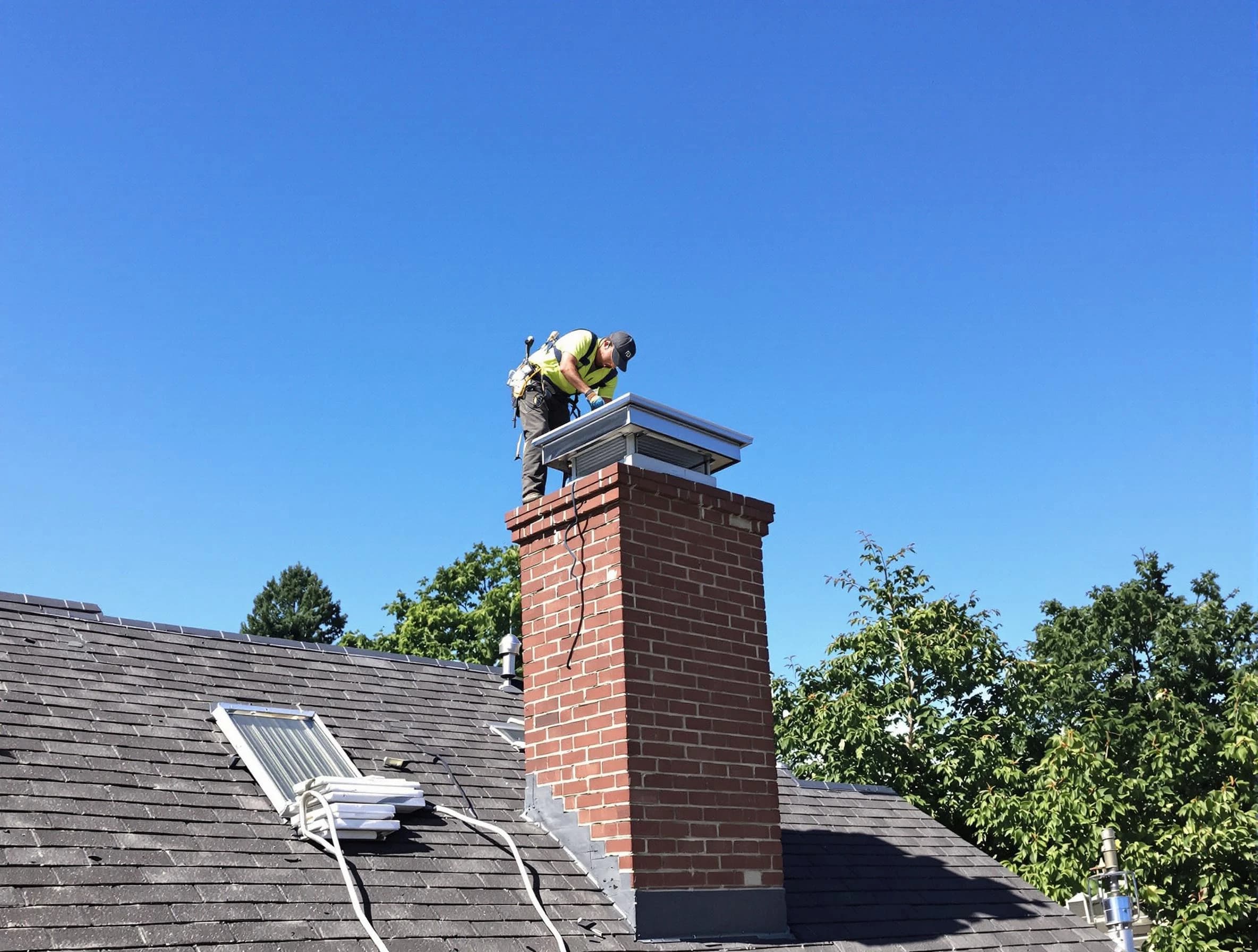 South Weber Chimney Sweep technician measuring a chimney cap in South Weber, UT